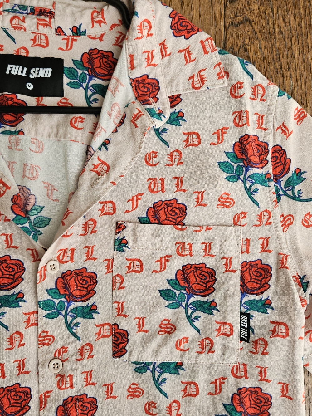 Men's FULL SEND Button-Down Shirt with Red Rose Print